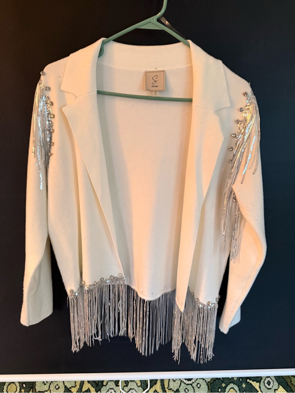 Sioni Cream Open-Front Cardigan with Silver Sequin Fringe